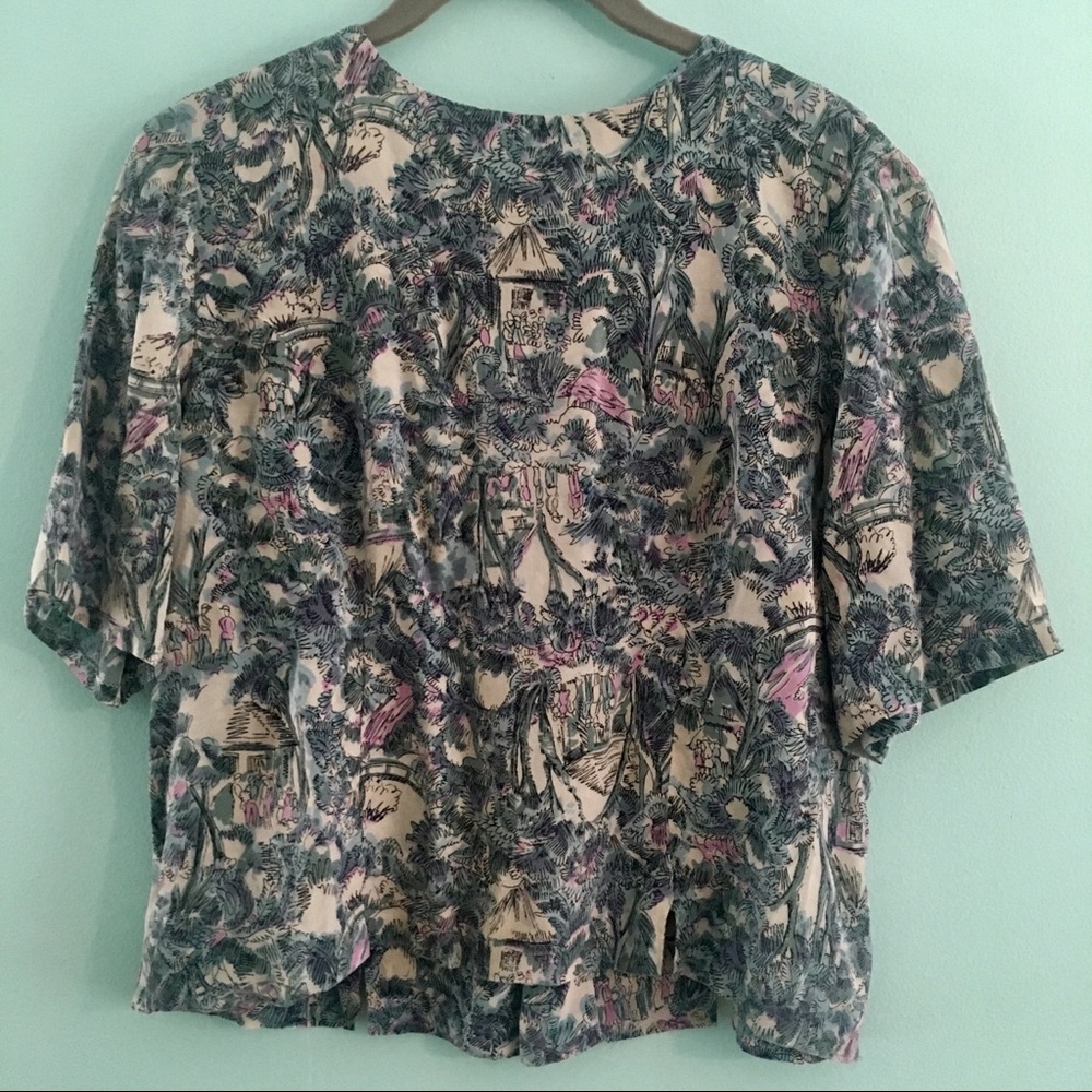 40s silk pastel novelty forest print blouse